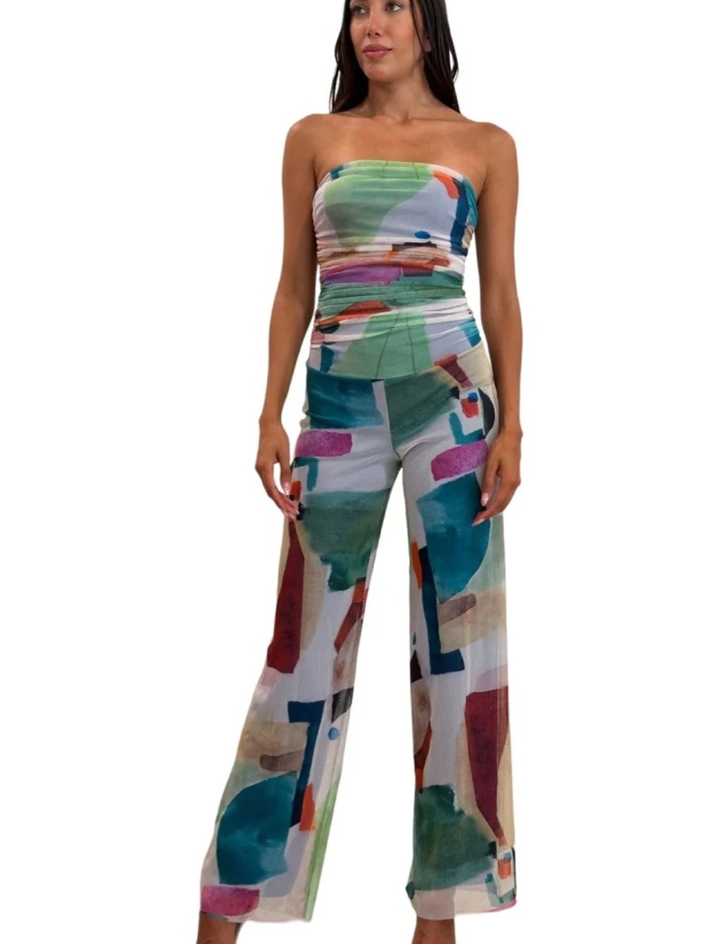 Kaleidoscope Strapless Print Jumpsuit with Ruched Bodice